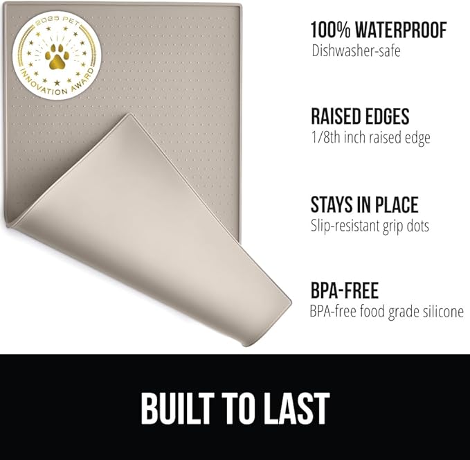 GORILLA GRIP 100% Waterproof Raised Edge BPA Free Silicone Pet Feeding Mat, Dog Cat Food Mats Contain Spills Protects Floors, Placemats for Cats and Dogs Water Bowl, Pets Accessories 28x18 Beige