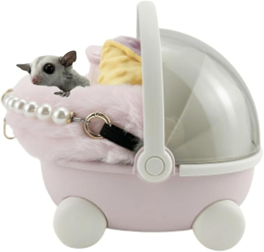 Sugar Glider Carrier Cage with Warm Nest, Cushion, Mat and Safe Lock, Portable Cages with Chain, Small Animals Travel Carrier Plastic Breathable Outgoing Box for Hamsters (Pink)