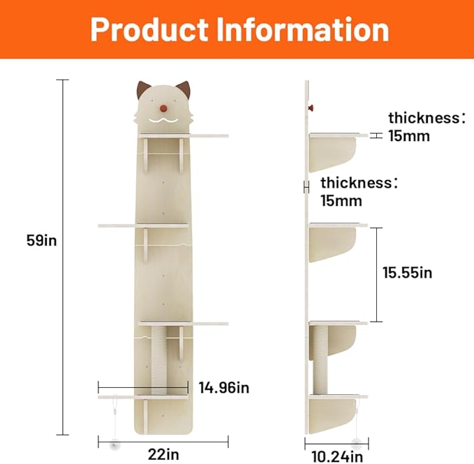 Cat Wall Mount Mounted Floating Shelves Shelf Perch Furniture Perch Hammock Climber Climbing Tree Indoor Large Wall-Mounted Steps Cat Climb Perches Solid Wood Hammock