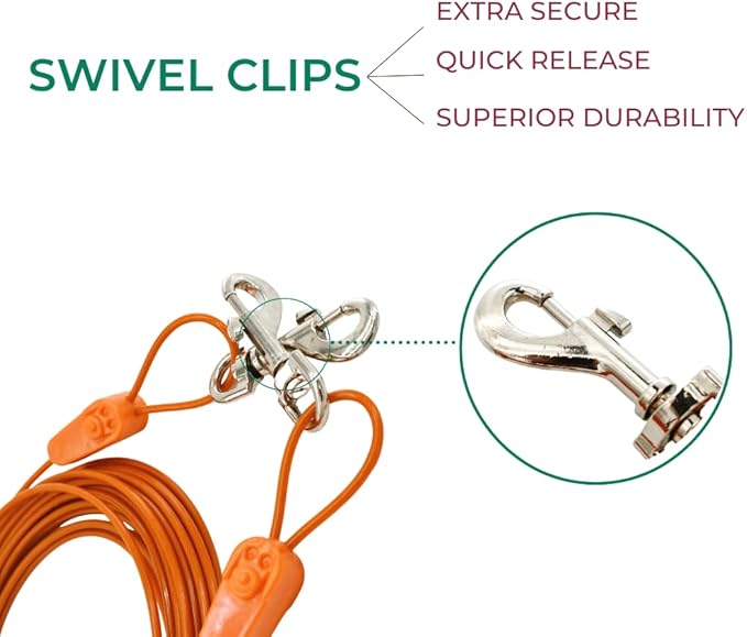 60FT Tie-Out Cables for Dogs - Strong, Safe, and Durable Dog Tie-Outs for Every Breed up to 250 Pounds - Weather and Wear Resistant Galvanized Aircraft Cable for Outside Use