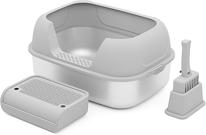 Stainless Steel Sifting Litter Box with Lid, Metal Litter Pan Tray with Scoop for Big Cats & Multi Cat, Extra Large Cats Litterbox Odor Control, Easy Clean (with Enclosure & Step, X-Large)
