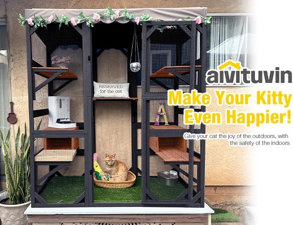 Aivituvin Catio Outdoor Cat Enclosure Large Cat House for Mulitiple Cats Walk in Kitty Cage with Tarp Roof 70" Black