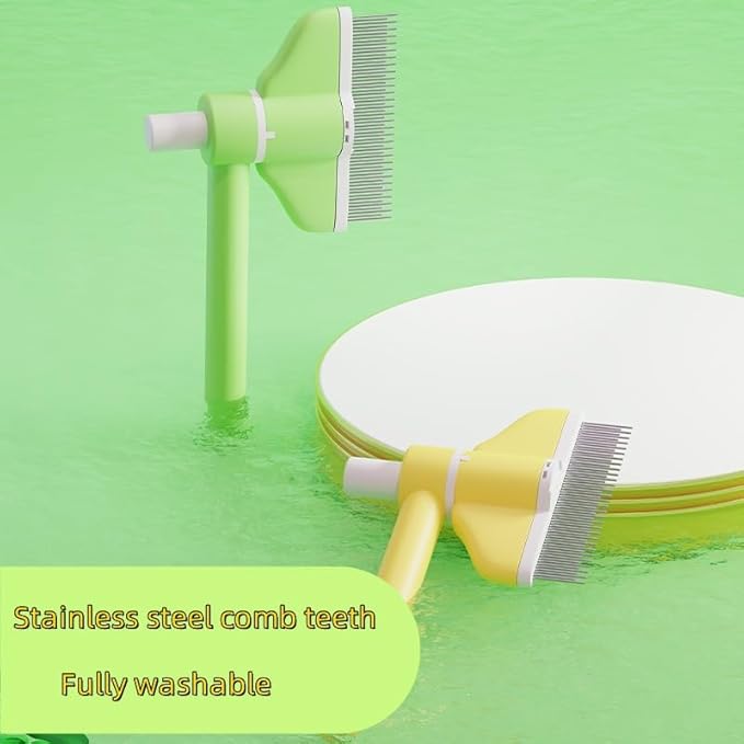 360° Press and Rotate Flea Comb for Cats and Dogs - Self-Cleaning Pet Hair Removal Tool with Release Button & Long-Short Stainless Steel Teeth for Shedding (Green)