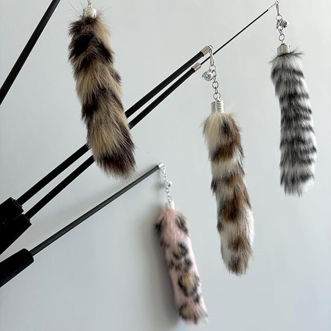 Interactive Cat Wand Toy with Cat Dancer, Retractable Feather Fox Tail Teaser for Indoor Cats, Enrichment Play Kittens to Senior Cats(Moon Grey)