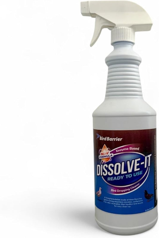 BIRD BARRIER Product Image Dissolve-It Enzyme Cleaner Concentrate |1 Quart Ready to use | Bird Dropping Remover, Pet Urine & Odor Eliminator for Carpets, Hardwood Floors, Drains & Grease Traps