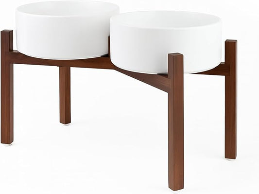 SPUNKYJUNKY Raised Ceramic Dog Bowls Set with Non-Slip Acacia Wood Stand for Large Sized Dog(60.87 OZ, White)