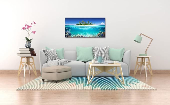 Tropical Island Coral Reef Landscape Canvas Wall Art for Living Room,Unique View Split Waterline Scenery,Beautiful Nature Summer Travel Scenic Picture Print Artwork Painting Decor,Inner Frame 20x40