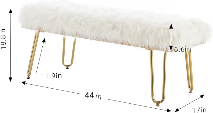 42.5Inch White Bedroom Bench, Benches for Bedroom White Faux Fur Upholstered Bed end Bench, Tufting Bench Indoor Bench with Metal Legs for Living Room Bedroom Dining Room Entryway