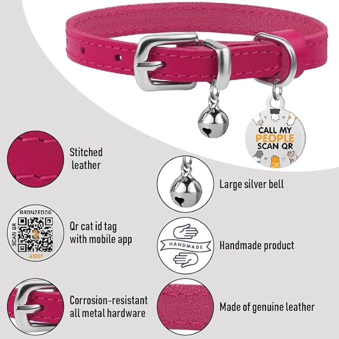 BRONZEDOG Leather Cat Collar with Removable Bells Non Breakaway Kitten QR Tag for Girl Boy (7" - 9" for Cats, Pink & Silver)