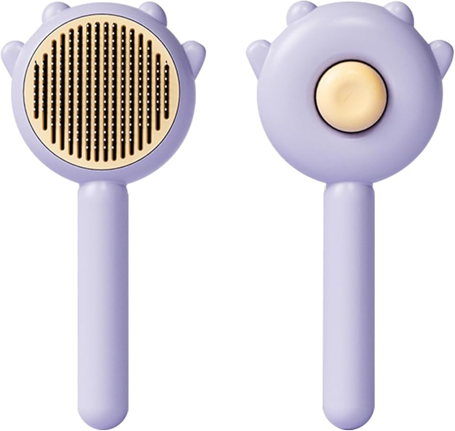 Cat & Dog Grooming Brush (Purple) - Stainless Steel Tooth Comb, Rubber Massage Needles, Self-Cleaning, Suitable for Kittens to Long-Haired Cats & Dogs