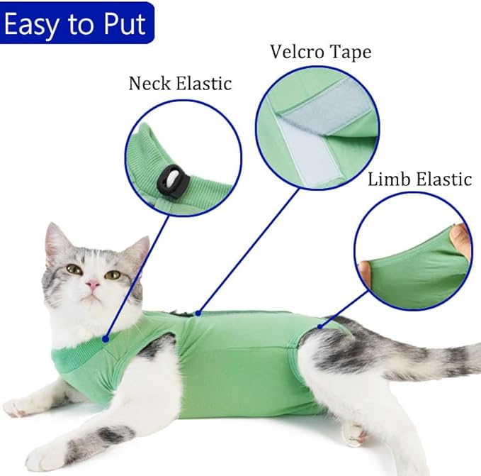 Cat Surgery Recovery Suit Professional for Surgical Abdominal Wound Or Skin Diseases E-Collar Alternative for Cats After Surgery Wear Pajama Suit (Green, Large)