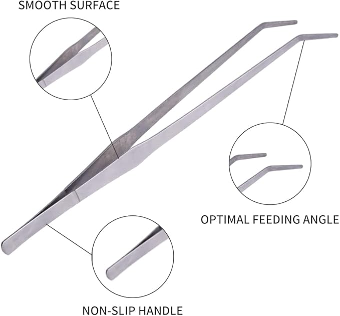 Extra Long Handle Aquarium Tweezers Serving Tongs Feed clamp,2 Pack Stainless Steel Straight and Curved Tweezers Set for Fish Tank Plants Reptile Feeding Tongs（15 Inchs）