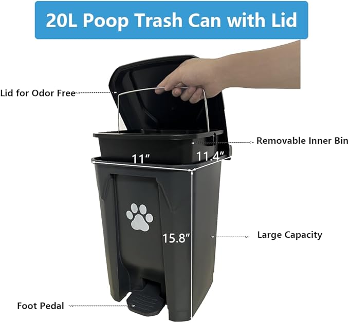 Dog Poop Trash Can for Outdoors with Extra Large Pooper Scooper & 50 Waste Bags - 20L/5 Gallon Large Dog Poop Trash Can Outside with Lid and Removable Inner Bucket Waterproof Odor Control for Backyard