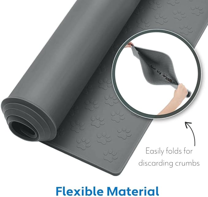 MIGHTY MONKEY 100% Waterproof Dog Food Mat, Raised Edges Silicone Pet Feeding Placemat for Cat, Dogs, Pet Bowls, High Lipped Tray Prevents Water Spills, Food on Floor, Dishwasher Safe, 22x14, Gray