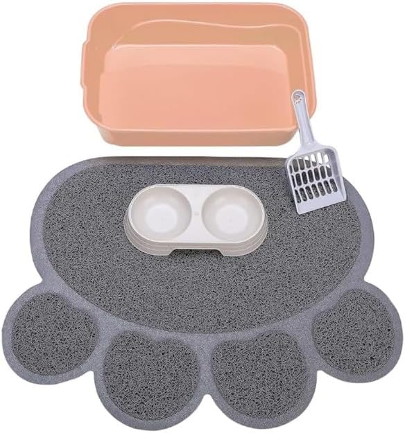 Kitty Litter Box Starter Kit - Small Cat Litter Pan Without Lid, Litter Mat, Scoop and Bowl for Kitten Within 3 Months (PinkScoop Set)