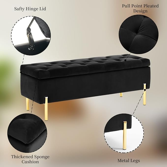 45.6 Inch Velvet Storage Ottoman, Rectangular Accent Bench for Bedroom & Living Room, Black