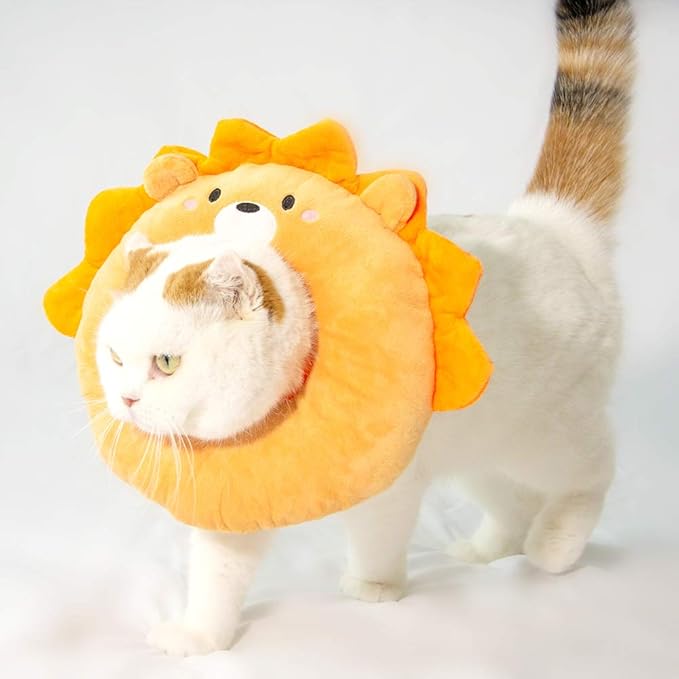 Adjustable Cat Recovery Collar Soft,Cute Pet E-Collar Neck Cone After Surgery Wound Healing Protective Cone Fit for Kitties, Small Dogs(ELC05-lion-l)