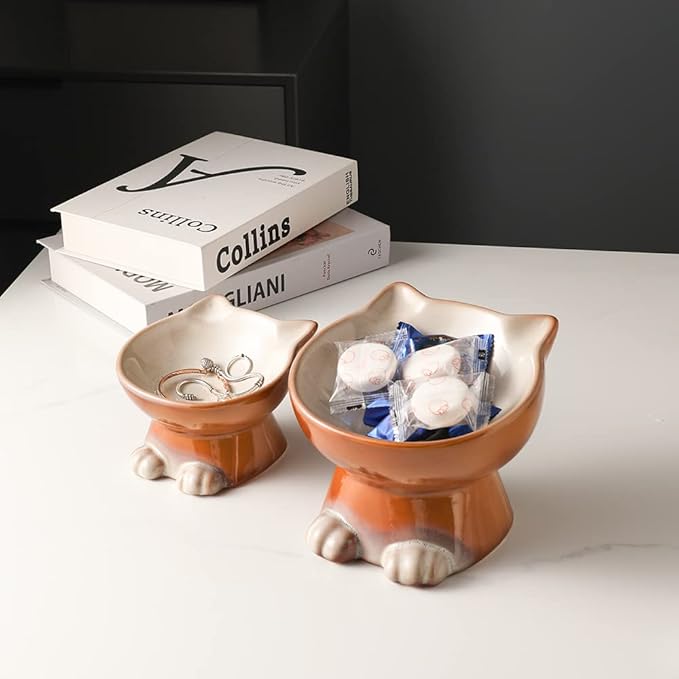 Nihow Elevated Cat/Dog Bowls Set : 5 Inch Ceramic Raised Cat Food & Water Bowl Set for Protecting Pet's Spine - Feeding & Watering Supplies for Pets - Elegant Brown (2 PC)