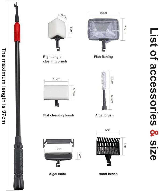 UPETTOOLS Aquarium Clean Tool 6 in 1 Fish Tank Cleaning Kit Algae Scraper Scrubber Pad Adjustable Long Handle Fish Tank Brush Cleaner Set