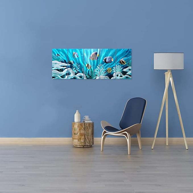 SYGALLERIER Fish Metal Wall Art Hand Crafted Large 3D Sea Life Pictures Modern Abstract Coastal Aluminum Artwork Contemporary Sculpture for Living Room Bedroom Dinning Decor