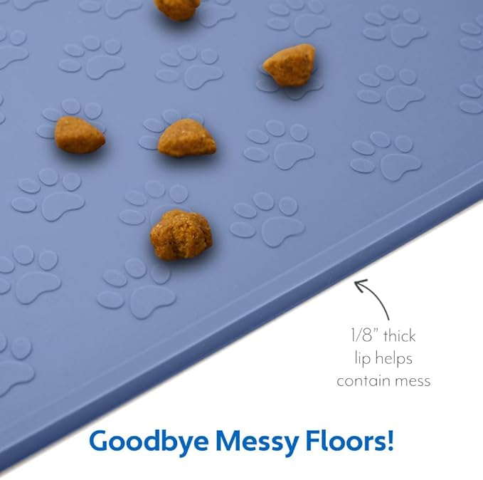 MIGHTY MONKEY 100% Waterproof Dog Food Mat, Raised Edges Silicone Pet Feeding Placemat for Cat, Dogs, Pet Bowls, High Lipped Tray Prevents Water Spills, Food on Floor, Dishwasher Safe, 22x14, Lt Blue