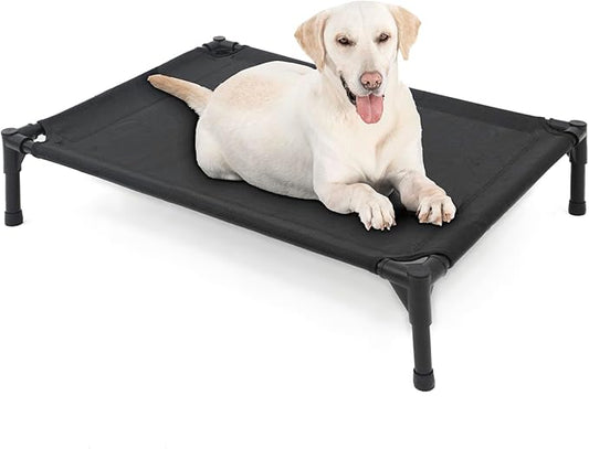 Elevated Dog Bed for Large Dogs, Raised Dog Cot Fits Up to 120 LBs, Heavy Duty Pet Cots with Durable Supportive Teslin Recyclable Washable Mesh, Indoor & Outdoor Pet Bed, Black