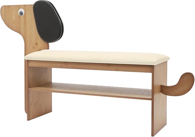 Cute Dog Shoe Bench with Cushion, 51.6”L x 11.8”W Puppy Shoe Storage Bench Beige 2-Tire Bamboo Shoes Rack Bench for Entryway Living Room Hallway Bedroom 220Lbs Load Capacity