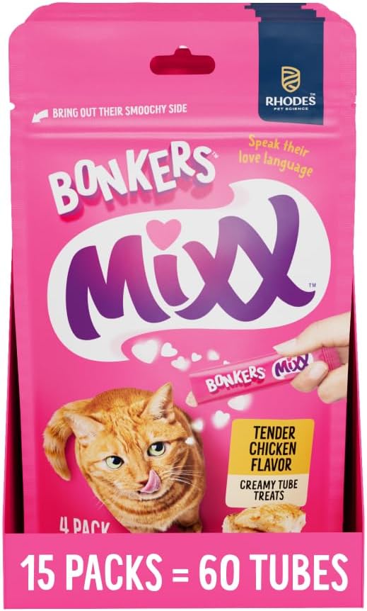 BONKERS Mixx, Wet Lickable Tube Tender Chicken Flavor Cat Treats, Real Meat Treats, Treats for Training or Food Topper, for All Breeds and Ages, Value Pack (15 Pack, 60 Tubes)