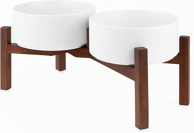 SPUNKYJUNKY Raised Ceramic Dog Bowls Set with Non-Slip Acacia Wood Stand for Medium Sized Dog(42.27 OZ, White)