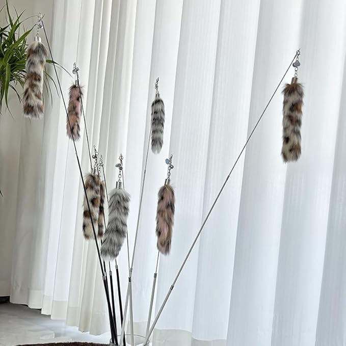 Interactive Cat Wand Toy with Cat Dancer, Retractable Feather Fox Tail Teaser for Indoor Cats, Enrichment Play Kittens to Senior Cats(Moon Grey)