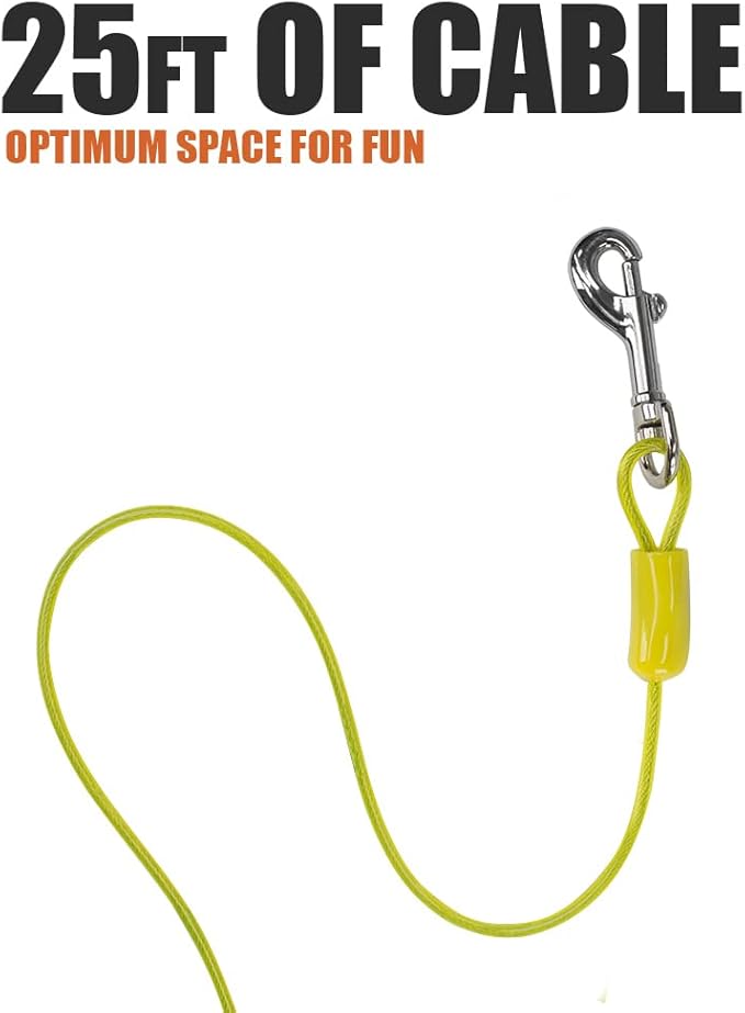 BV Dog Tie Out Cable 25 Feet - Heavy Duty Dog Lead Up to 35 Pounds - Reflective & Rust-Free with Quick Release Swivel Clips & 360° Rotating Clasp - Tangle-Free Dogs Runner for Yard (Yellow, Single)