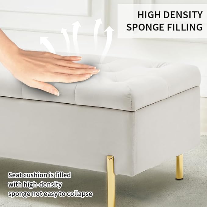 45.6 Inch Velvet Storage Bench Upholstered Tufted Settee Ottoman Bench with Storage, Bed End Bench with Soft Close Lid, for Bedroom, Living Room, Entryway, Rectangular Accent Bench, Beige