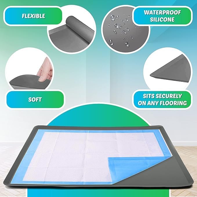 TidyFriend 2 Pk Dog Pee Pad Holder Tray Fits for 24” x 36” Pee Pads with Corner Lock Holes, Raised Edges, Non-Spill, Easy to Clean Silicone Dog Potty Tray Holder, for Indoor Floor Protection (Grey)