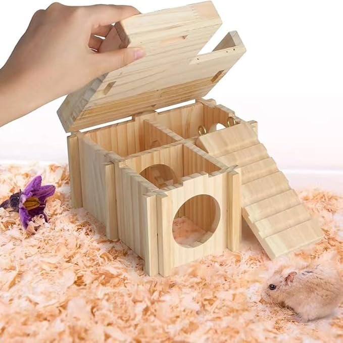 Hamster House Multi Chamber Wooden Hamster Maze Tunnel with Ladder Gerbil Hideout Castle Small Animal House Hut Habitats Cage Accessories for Hamster Rat Gerbils and Other Small Pets