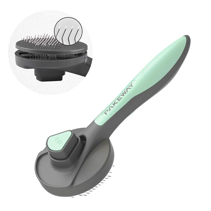 PAKEWAY Cat & Dog Grooming Brush - Self Cleaning, Release Button, Kitten & Pet Brush for Short, Medium & Long Hair (Green)