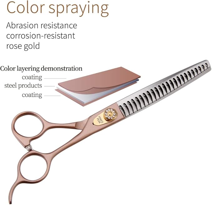 Fenice Peak 7.5‘’ Professional Dog Grooming Scissors Set Rose Gold 440C Stainless Steel Straight Thinning Curved Chunker Shears 4pcs Set for Pet Grooming Services Dogs and Cats