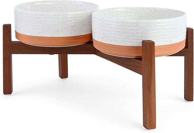 SPUNKYJUNKY Ceramic Elevated Dog Bowl Set with Acacia Wood Stand for Food and Water for Medium Dog (42.27 OZ, White and Reddish Brown)