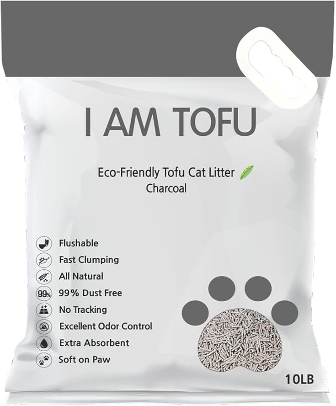 I AM TOFU - Tofu Cat Litter, Natural, Flushable, Dust Free Extra Clumping Pellet Litter (10 lb Bag, Charcoal)