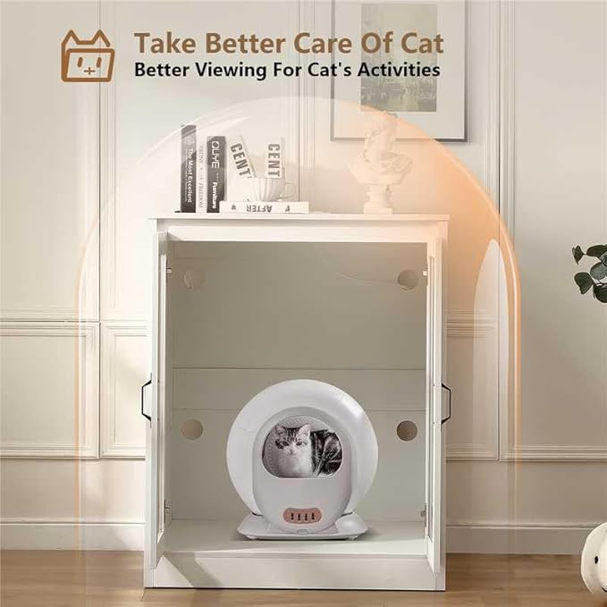 Cat Litter Robot Enclosure with Cat-Observant Glass Doors,Litter Robot Cabinet with Cozy LED for Cats,Reversible and Optional Entry(Left or Right),Power Outlet for More Choice, (White)