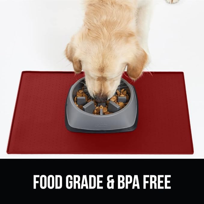 GORILLA GRIP 100% Waterproof Raised Edge BPA Free Silicone Pet Feeding Mat, Dog Cat Food Mats Contain Spills Protects Floors, Placemats for Cats and Dogs Water Bowl, Pets Accessories 23x15 Red