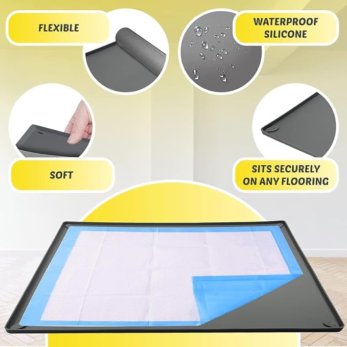 TidyFriend Puppy Pad Holder Tray Fits for 28” x 34” Pee Pads with Corner Lock Holes, Raised Edges, Non-Spill, Easy to Clean Silicone Puppy Potty Tray Holder, for Indoor Floor Protection (Grey)