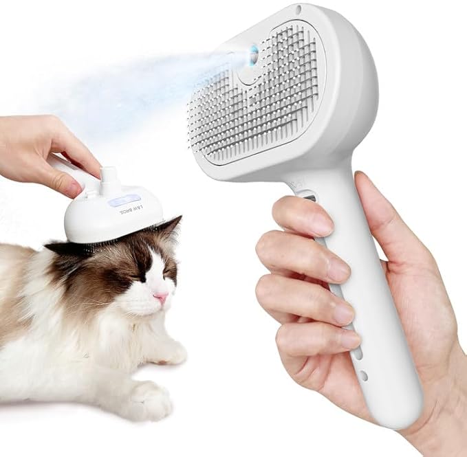 L&W BROS. Steam Grooming Brush for Shedding and Detangling – Self-Cleaning Steamy Pet Brush with Mist Spray for Long-Haired Cats and Small Dogs (White)