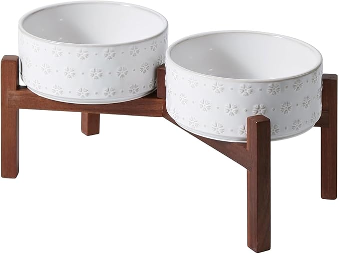 SPUNKYJUNKY Ceramic Dog Bowls Dog Bowl Set with Acacia Wood Stand Raised Dog Bowl Dog Food and Water Bowl for Small Medium Sized Dog (18.5cm)