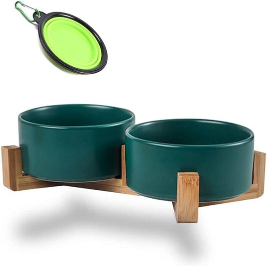 Petygooing Dog Bowls,Green Ceramic Cat Dog Bowl Set with Stand for Food and Water Feeder,Non-Slip Cute Modern Pet Dishes for Cats Small Size Dogs Puppy (13.5OZ/5.1 in)