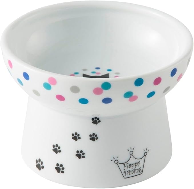 Necoichi Elevated Cat Food Bowl Prevent Neck & Whisker Fatigue, Dishwasher and Microwave Safe, No.1 Seller in Japan! (Colorful Dots, Regular)