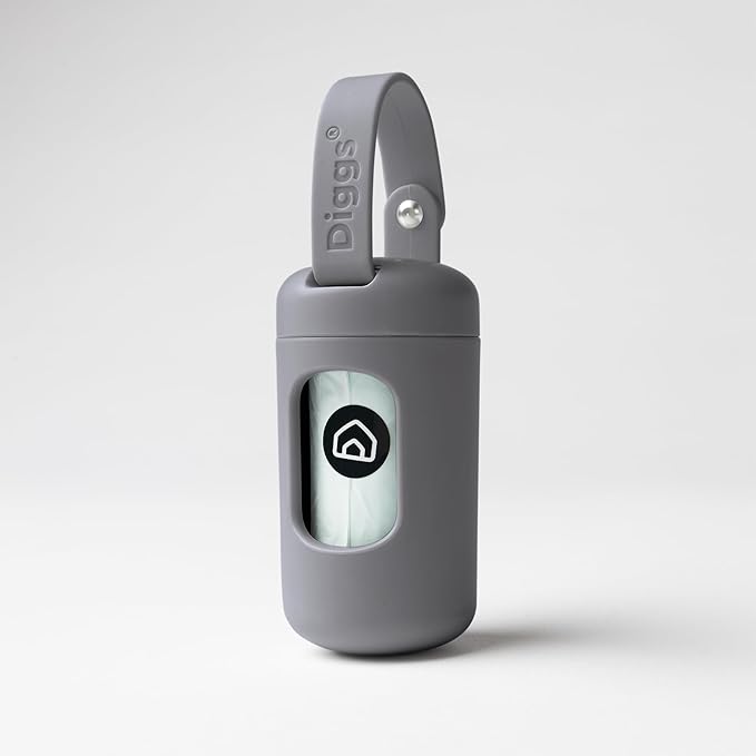 DIGGS Dog Poop Bag Dispenser for Leash - Premium Dog Waste Bag Holder with Easy One-Hand Dispensing (Grey)