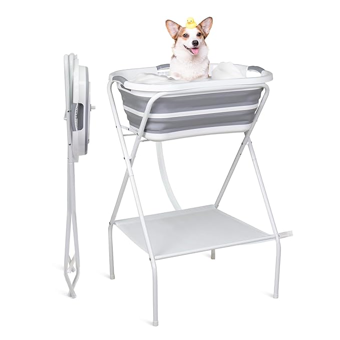 Portable Dog Bath Tub and Dog Washing Station, Collapsible Elevated Pet Tub for Bathing, Showering, Grooming, Pet Bathing Basin for Small to Medium Dogs, Cats and Other Pets (Built-in Drainage System)