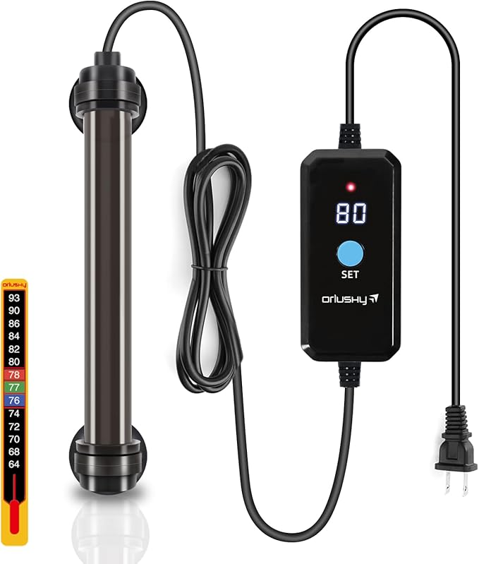 Orlushy 25W Submersible Mini Fish Tank Heater, Adjustable Aquarium Heater with Digital Display External Controller, Overheat Protection and Free Thermometer for 1-5 Gallon Freshwater & Saltwater Tank