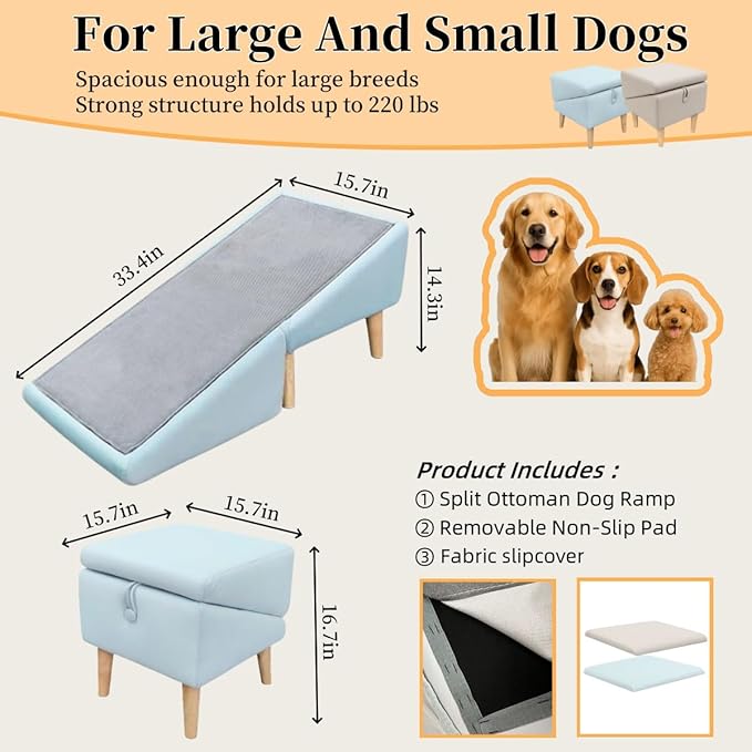 Split Ottoman Dog Ramp, Folding Pet Ramps Stairs for Couch, Pet Ramps Stairs for Small and Large Dogs, Holds up to 220 lbs (Beige - 2 Pads & 2 Covers, One Size)