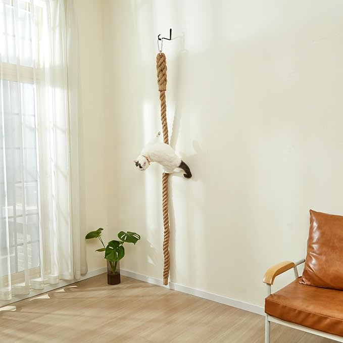 SHENGOCASE 1.9" x 6.56Ft Cat Climbing Jute Rope with Hook, Wall Mounted Furniture for Indoor and Outdoor Cat, Cimbing Pole (6.56 Feet)